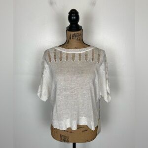 Margaret O'leary Linen Short Sleeves Sweater Top L White Dolman Sleeves Sheer